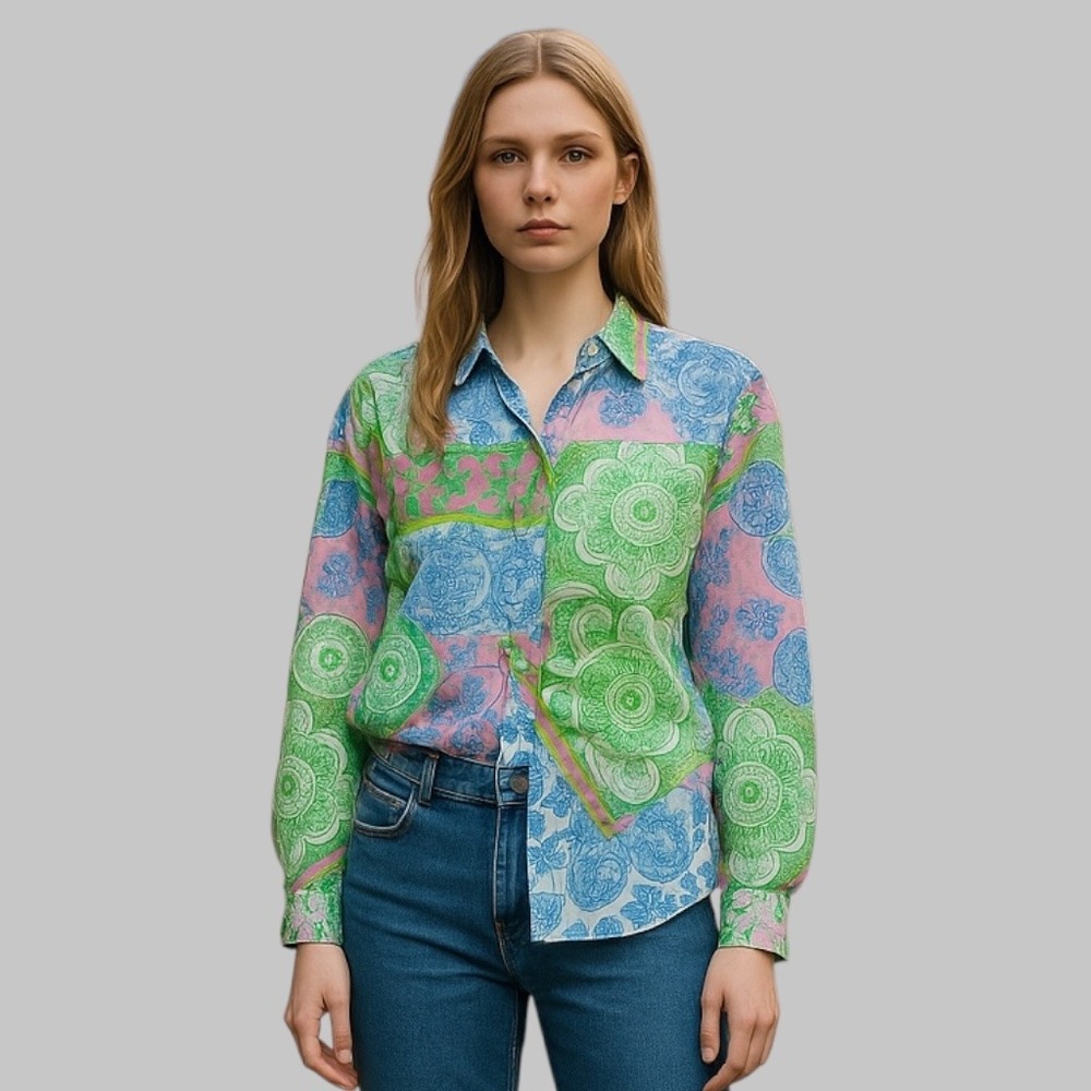 Zara Patchwork Print Button-Up Top Colorful Floral Pattern Shirt M